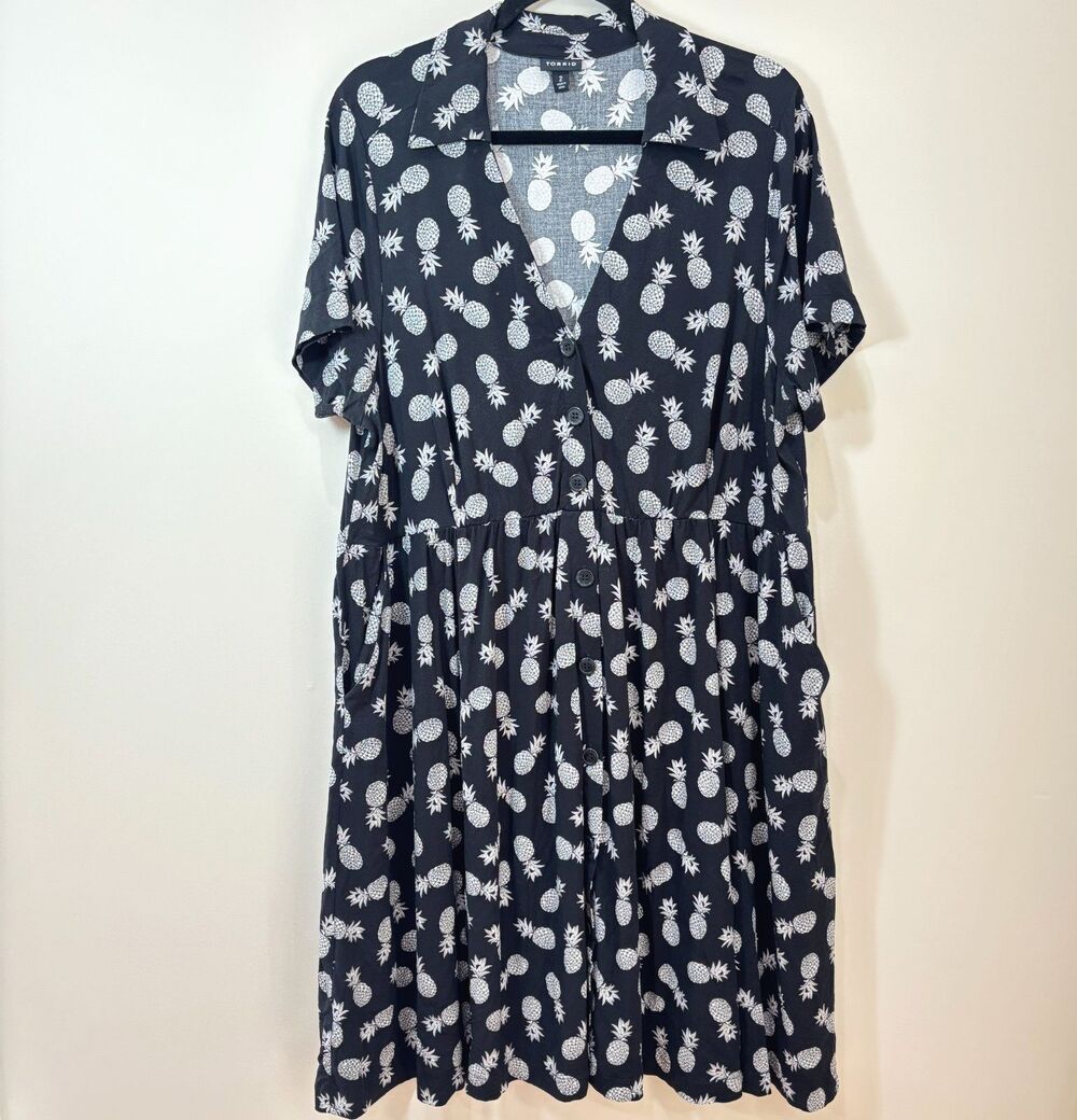 Torrid Challis Black Pineapple Shirt Dress Women 2X Button Front Tropical Cruise